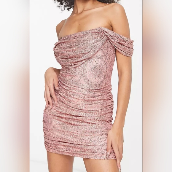 Parallel Lines bardot ruched corset mini dress pink sequin size 12 US/size 16 UK - Picture 1 of 4